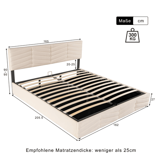 Cama de contentor em veludo com estrado de ripas + cabeceira regulável - 160x200cm - Bege