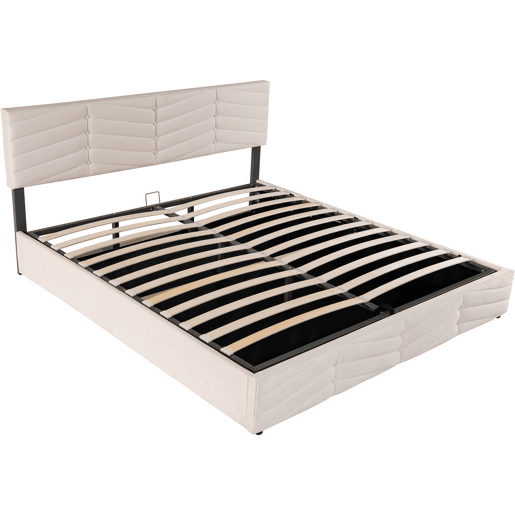 Cama de contentor em veludo com estrado de ripas + cabeceira regulável - 160x200cm - Bege