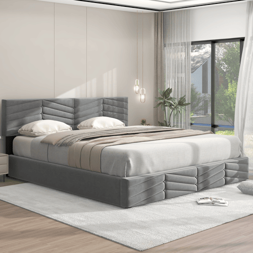 Cama de contentor em veludo com estrado de ripas + cabeceira regulável - 180x200cm - Cinzento