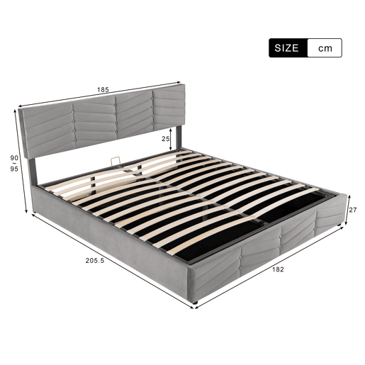 Cama de contentor em veludo com estrado de ripas + cabeceira regulável - 180x200cm - Cinzento