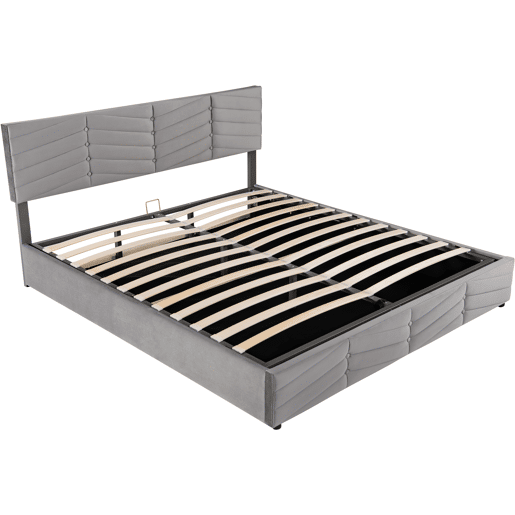 Cama de contentor em veludo com estrado de ripas + cabeceira regulável - 180x200cm - Cinzento