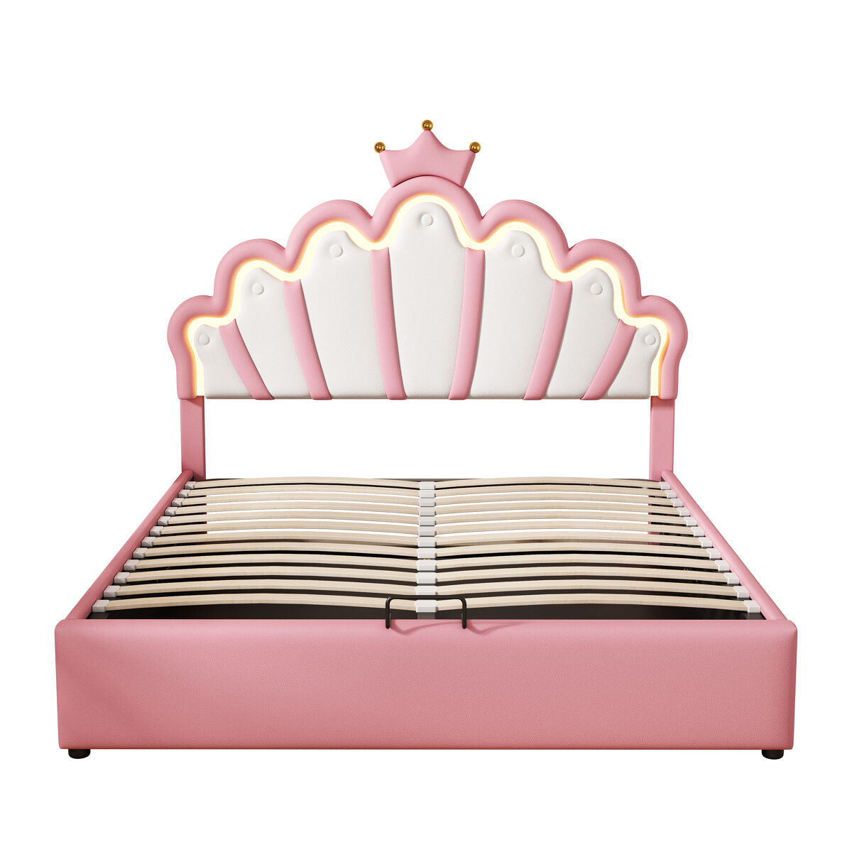 Cama contenedor tapizada en piel sintética 140x200 cm - cama princesa con led y molduras de techo - rosa
