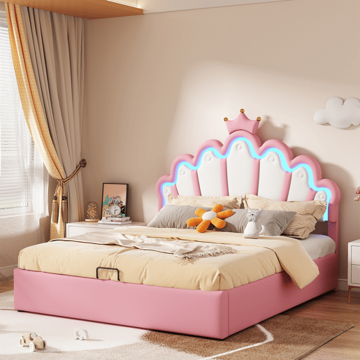 Cama contentora estofada em pele sintética 140x200 cm - cama princesa com LED e molduras no teto - Rosa