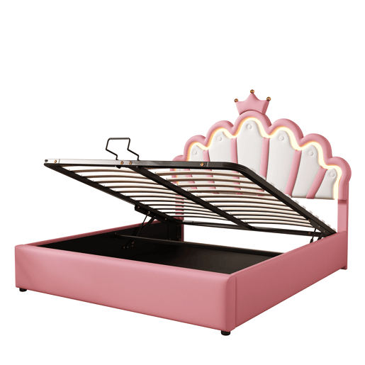 Cama contentora estofada em pele sintética 140x200 cm - cama princesa com LED e molduras no teto - Rosa