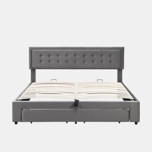 Cama contentora estofada em veludo 160x200cm - com gaveta e estrado de molas - Cinzento (sem colchão)