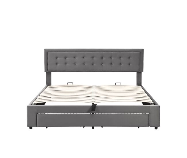 Cama contenedor acolchada 160x200cm en terciopelo - con cajón y somier - gris (sin colchón)