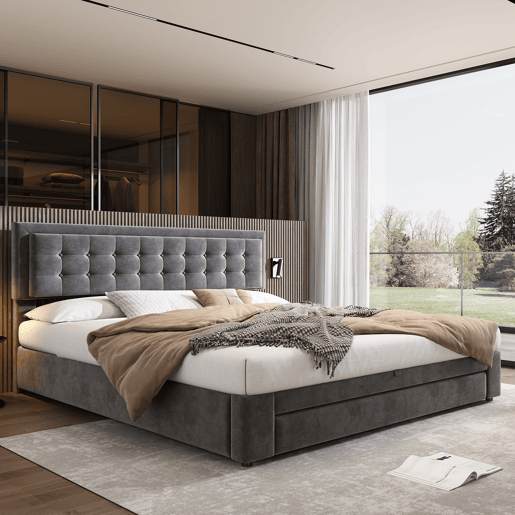 Cama contentora estofada em veludo 160x200cm - com gaveta e estrado de molas - Cinzento (sem colchão)