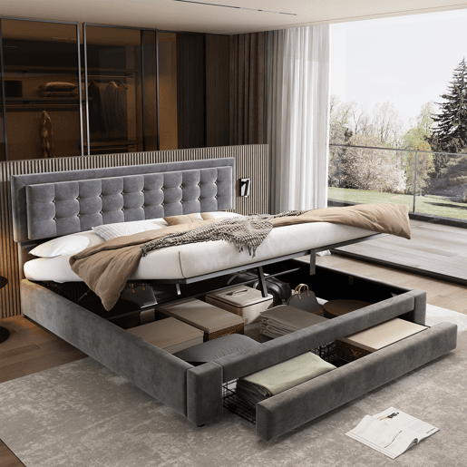 Cama contentora estofada em veludo 160x200cm - com gaveta e estrado de molas - Cinzento (sem colchão)
