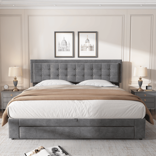 Cama contentora estofada em veludo 160x200cm - com gaveta e estrado de molas - Cinzento (sem colchão)