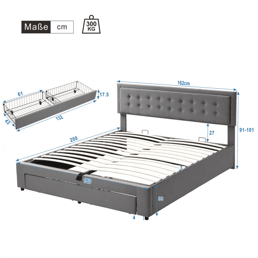 Cama contentora estofada em veludo 160x200cm - com gaveta e estrado de molas - Cinzento (sem colchão)
