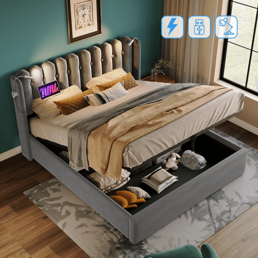 Cama contentora estofada com LED e portas de carregamento USB - 160x200cm - tecido aveludado - com estrado de molas - Cinzento