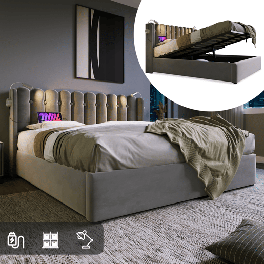 Cama contentora estofada com LED e portas de carregamento USB - 160x200cm - tecido aveludado - com estrado de molas - Cinzento