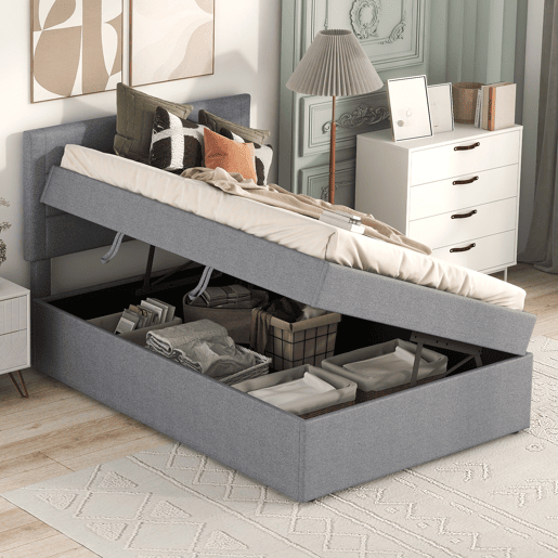 Cama articulada com estrado de ripas - 90x200 cm - tecido de linho - Cinzento