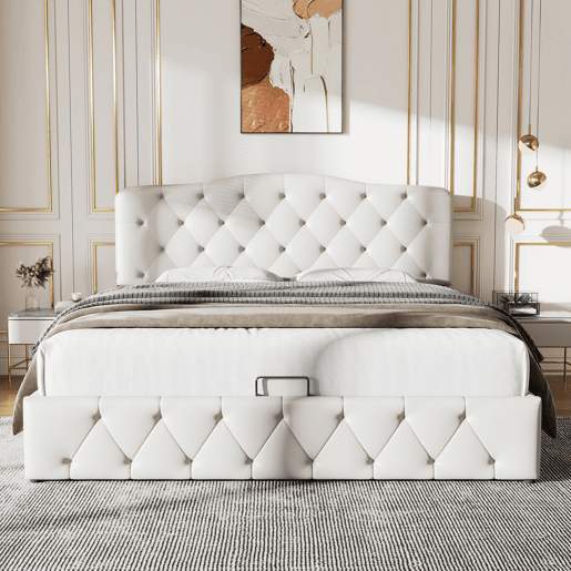 Cama contentora 140x200 cm em pele sintética - com cabeceira regulável - Branco
