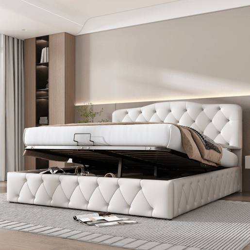 Cama contentora 140x200 cm em pele sintética - com cabeceira regulável - Branco