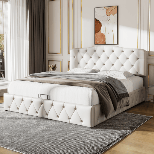 Cama contentora 140x200 cm em pele sintética - com cabeceira regulável - Branco