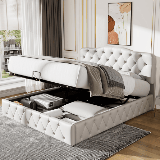 Cama contentora 140x200 cm em pele sintética - com cabeceira regulável - Branco