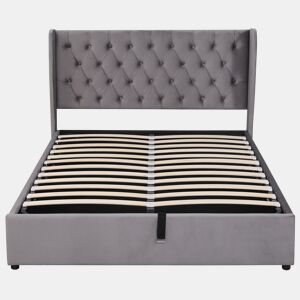 Cama contentora estofada em veludo 140x190 cm com estrado de ripas - Cinzento