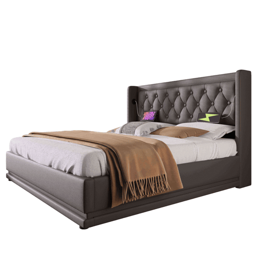 Cama contentora estofada de 140 x 200 cm em imitação de pele - com função de carregamento e LED ao pé da cama - Preto