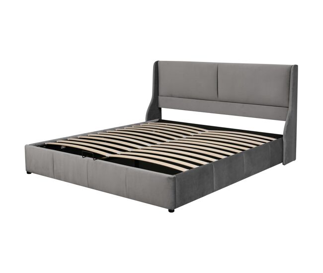 Cama contenedor tapizada 160x200cm en terciopelo - cama contenedor con somier de láminas - gris