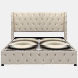 Cama de arrumação em veludo com estrado de ripas 140x200 cm - Bege