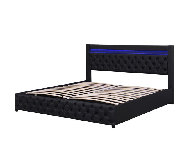 Cama contenedor tapizada de piel sintética con led - 180x200 cm - con somier - negro