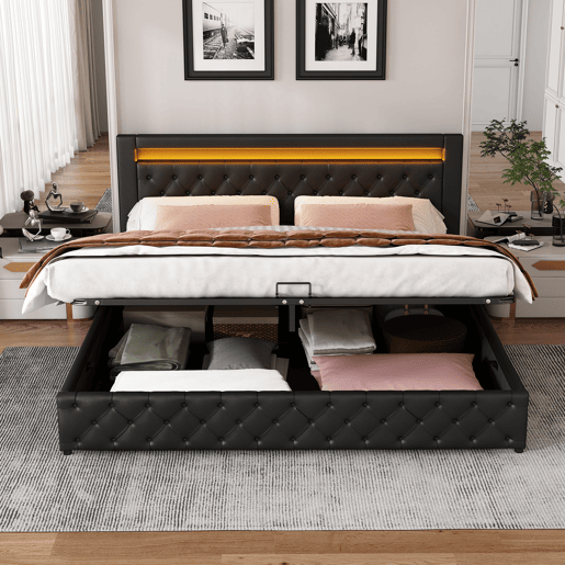 Cama contentora estofada em pele sintética com LED - 180x200 cm - com estrado - Preto