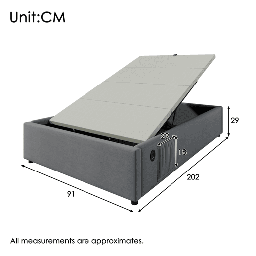 Cama estofada confortável 90×200 cm - tecido de linho - com tomadas de carregamento e almofada de ripas - Cinzento Cama estofada confortável 90×200 cm - tecido de linho - com tomadas de carregamento e almofada de ripas - Cinzento