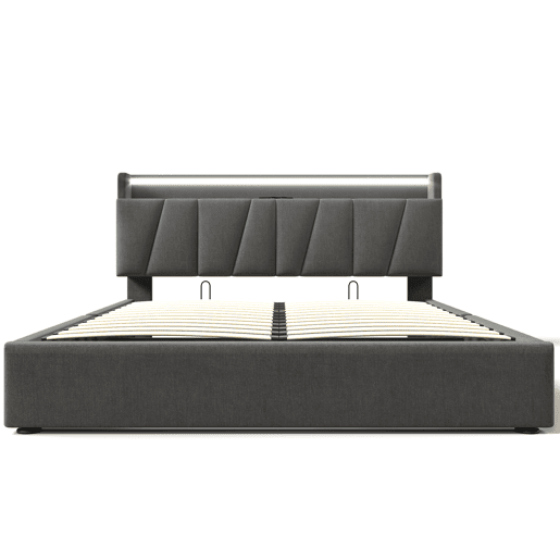 Cama contentor 160x200cm - com LED e portas de carga - tecido de linho - Cinzento Cama contentor 160x200cm - com LED e portas de carga - tecido de linho - Cinzento