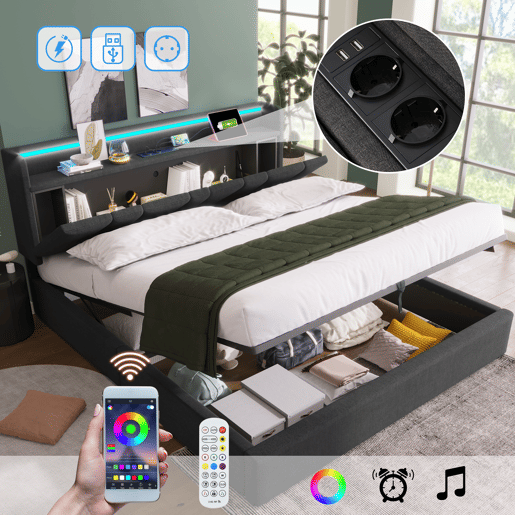 Cama contentor 160x200cm - com LED e portas de carga - tecido de linho - Cinzento Cama contentor 160x200cm - com LED e portas de carga - tecido de linho - Cinzento