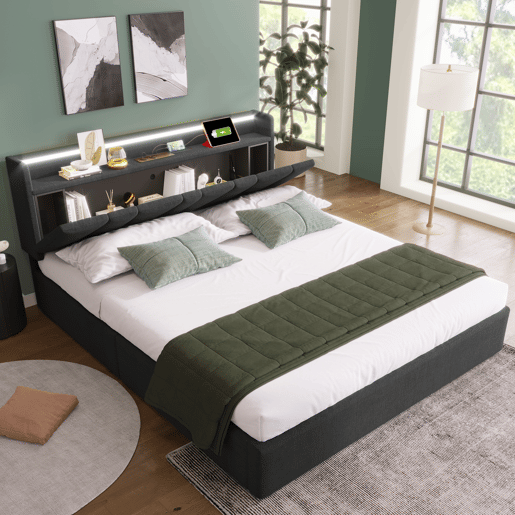 Cama contentor 160x200cm - com LED e portas de carga - tecido de linho - Cinzento Cama contentor 160x200cm - com LED e portas de carga - tecido de linho - Cinzento