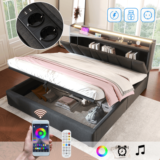 Cama contentor 160x200cm - com LED e portas de carga - tecido de linho - Cinzento Cama contentor 160x200cm - com LED e portas de carga - tecido de linho - Cinzento