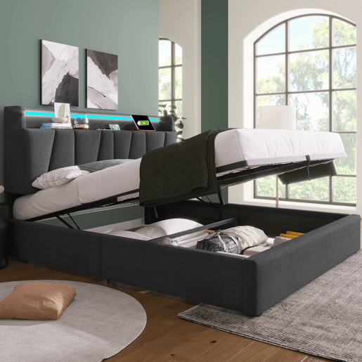 Cama contentor 160x200cm - com LED e portas de carga - tecido de linho - Cinzento Cama contentor 160x200cm - com LED e portas de carga - tecido de linho - Cinzento