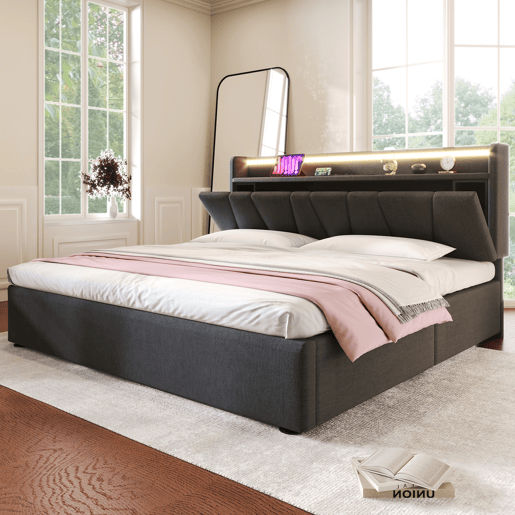 Cama contentor 160x200cm - com LED e portas de carga - tecido de linho - Cinzento Cama contentor 160x200cm - com LED e portas de carga - tecido de linho - Cinzento