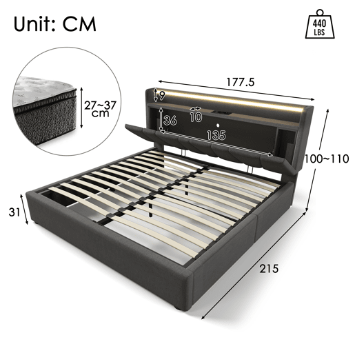 Cama contentor 160x200cm - com LED e portas de carga - tecido de linho - Cinzento Cama contentor 160x200cm - com LED e portas de carga - tecido de linho - Cinzento