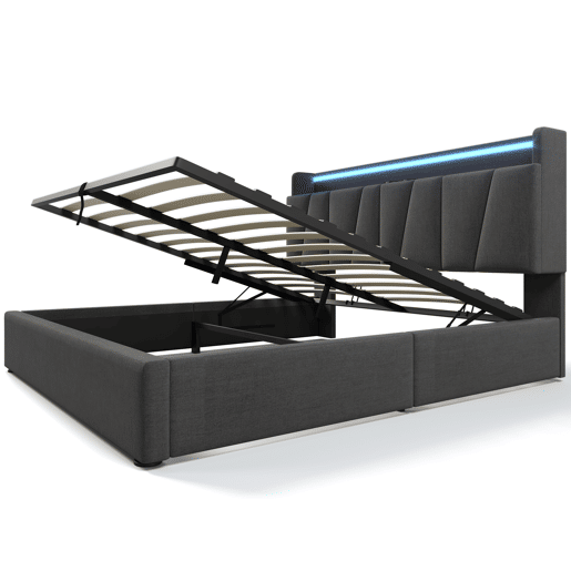 Cama contentor 160x200cm - com LED e portas de carga - tecido de linho - Cinzento Cama contentor 160x200cm - com LED e portas de carga - tecido de linho - Cinzento