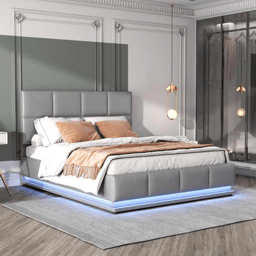 Cama contentora estofada 140x200 cm com iluminação LED - em imitação de pele - Cinzento