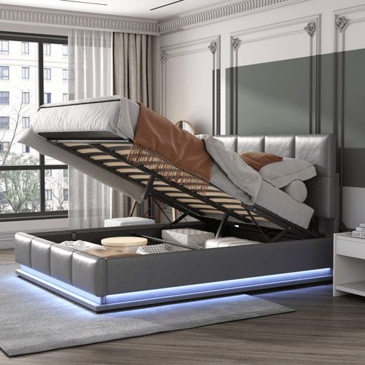 Cama contentora estofada 140x200 cm com iluminação LED - em imitação de pele - Cinzento