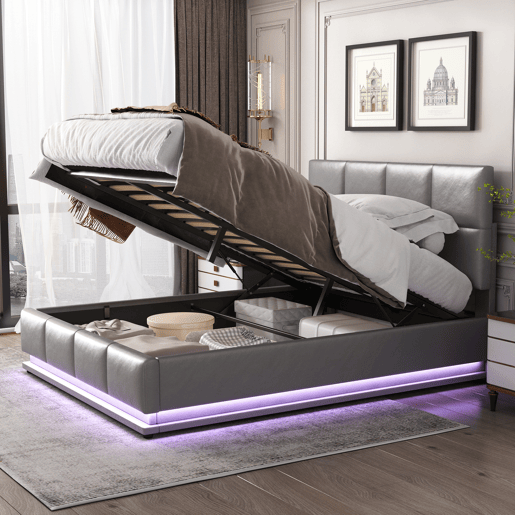 Cama contentora estofada 140x200 cm com iluminação LED - em imitação de pele - Cinzento