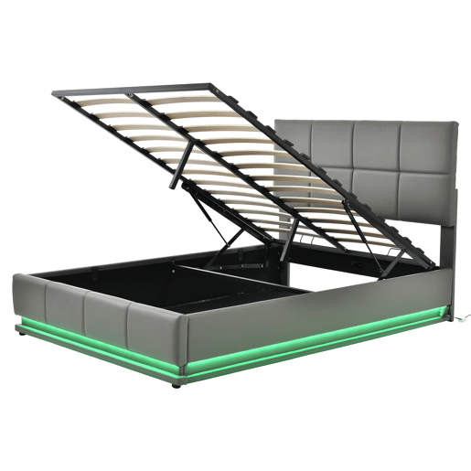 Cama contentora estofada 140x200 cm com iluminação LED - em imitação de pele - Cinzento
