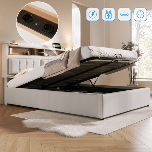 Cama contentora 140x200 cm em tecido de linho - cabeceira regulável com fichas - com estrado - Bege