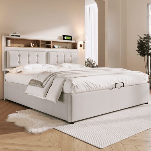 Cama contentora 140x200 cm em tecido de linho - cabeceira regulável com fichas - com estrado - Bege