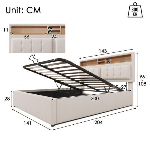 Cama contentora 140x200 cm em tecido de linho - cabeceira regulável com fichas - com estrado - Bege