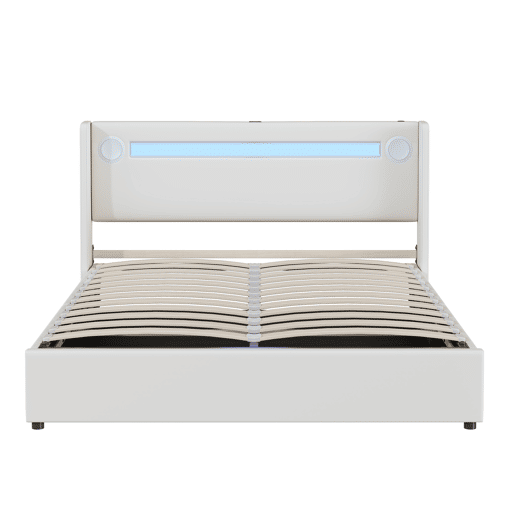 Cama contentora estofada em pele 160x200 cm com LED, leitor Bluetooth e portas de carregamento USB - com estrado - Branco