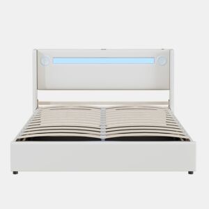 Cama contentora estofada em pele 160x200 cm com LED, leitor Bluetooth e portas de carregamento USB - com estrado - Branco