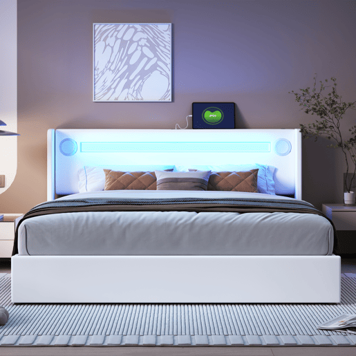 Cama contentora estofada em pele 160x200 cm com LED, leitor Bluetooth e portas de carregamento USB - com estrado - Branco