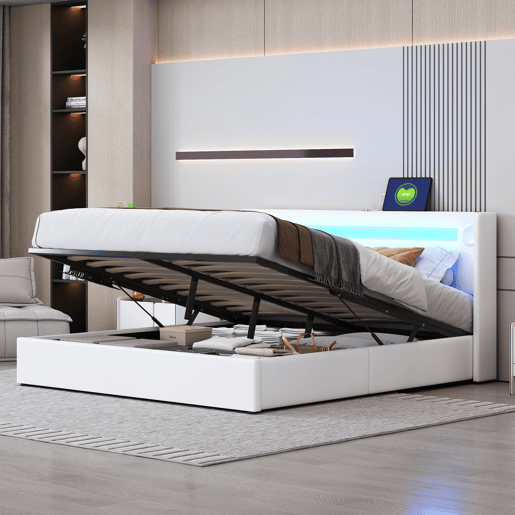 Cama contentora estofada em pele 160x200 cm com LED, leitor Bluetooth e portas de carregamento USB - com estrado - Branco