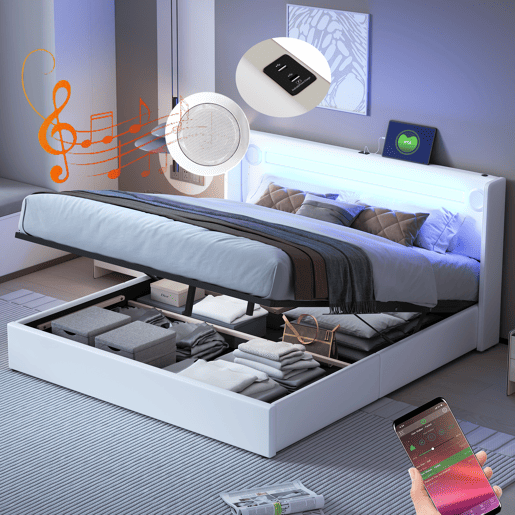 Cama contentora estofada em pele 160x200 cm com LED, leitor Bluetooth e portas de carregamento USB - com estrado - Branco