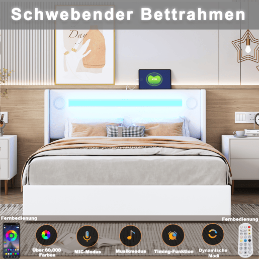 Cama contentora estofada em pele 160x200 cm com LED, leitor Bluetooth e portas de carregamento USB - com estrado - Branco