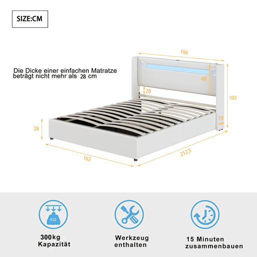 Cama contentora estofada em pele 160x200 cm com LED, leitor Bluetooth e portas de carregamento USB - com estrado - Branco